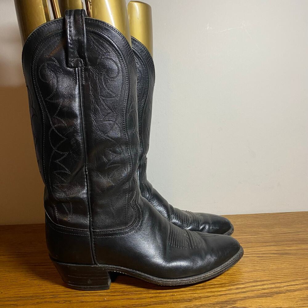 Vintage Dan Post Black Leather Stitched Western Cowboy Boots Mens 9 D USA 6984